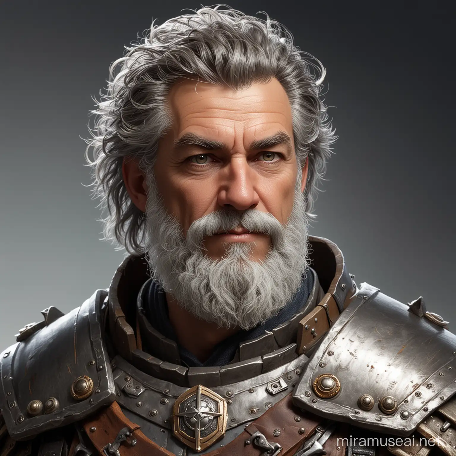DND Artificer in his 60s. Short, gray, wild hair and bushy beard. Wearing heavy armor.