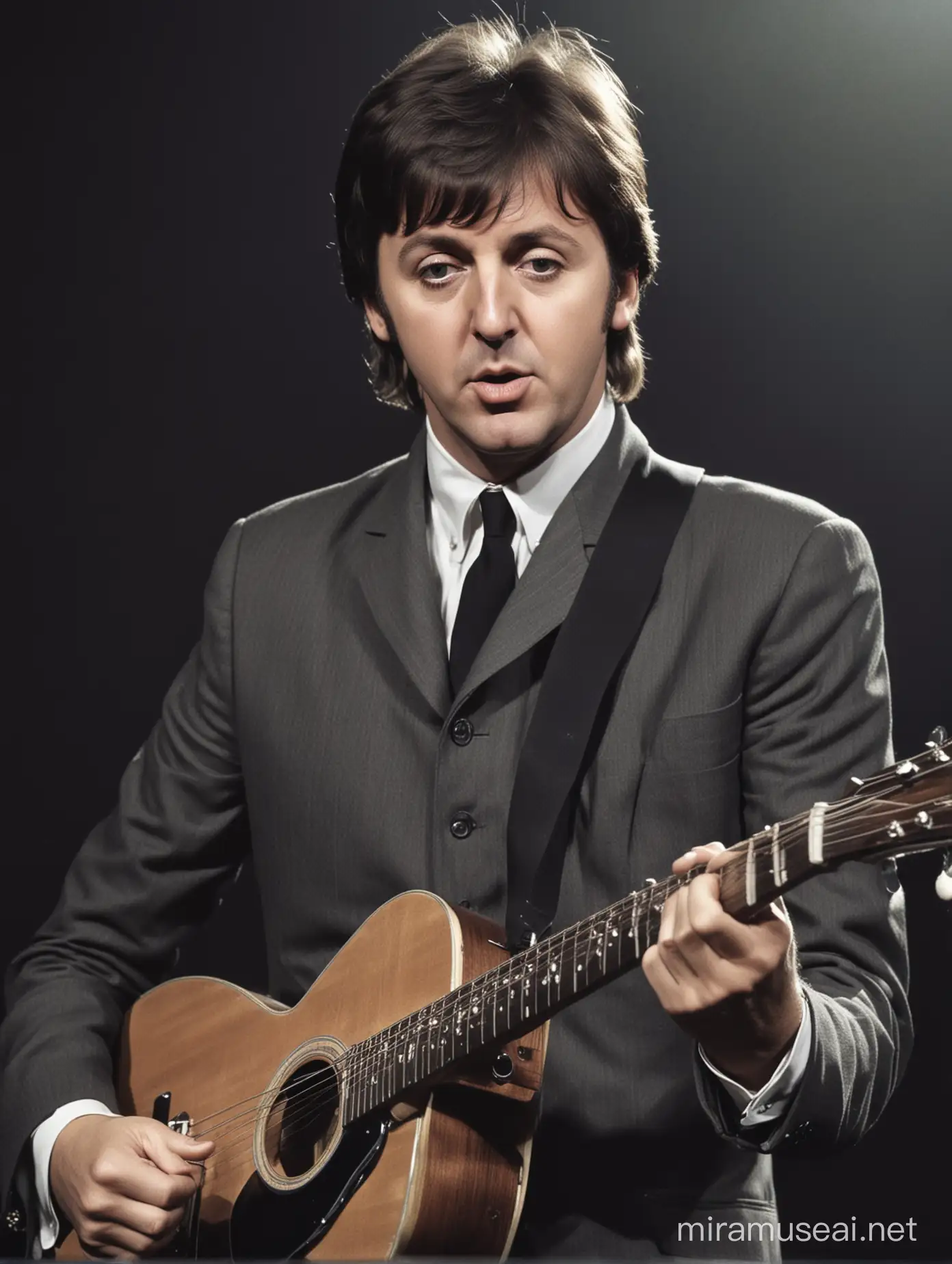 Paul McCartney in 1965 alone on stage. looking at the camera. He plays a left-handed acoustic guitar with a serious face. Photorealistic.