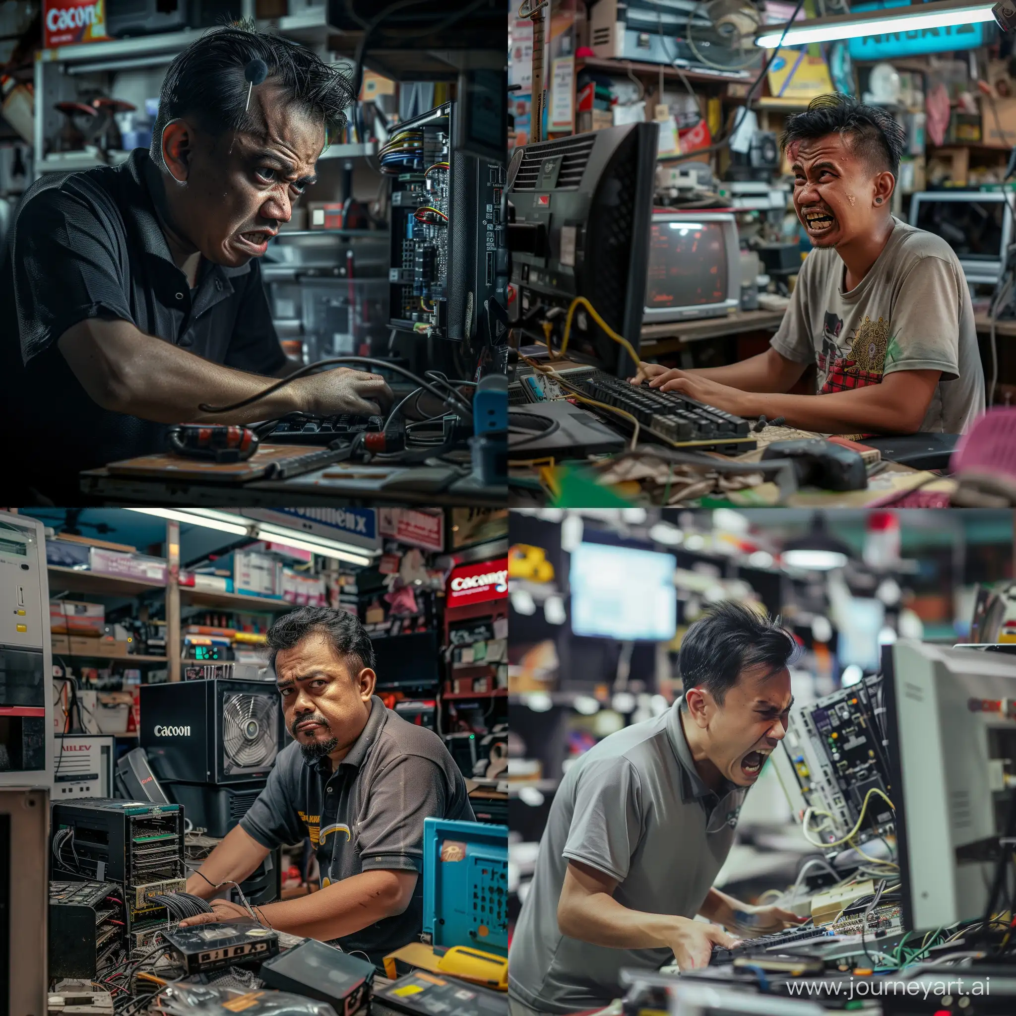 ultra realistic, malay computer mechanic angry when his boss ordered him to repair the computer, modern computer shop, canon eos-id x mark iii dslr --v 6.0