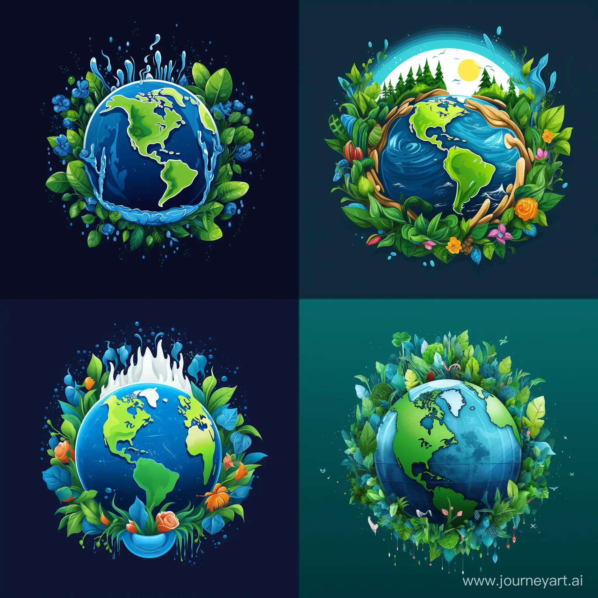 Generate a vibrant logo for Miracle NFT trading, illustrating Earth as the central element. Envision NFT raindrops falling, penetrating the Earth, sprouting into diverse forms, culminating in a striking display of the Three of Creation