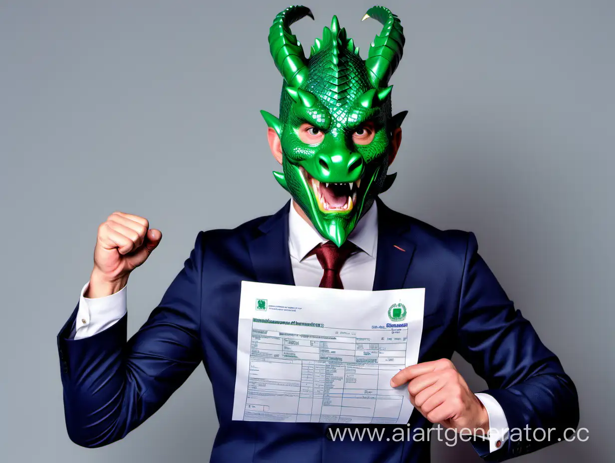 The logo of the Municipal Unitary Enterprise "RAIKOMMUNSERVICE", the Green Dragon in the role of an accountant calculates the salary for the stokers of the coal boiler house of the Municipal Unitary Enterprise "RAIKOMMUNSERVICE" for the New Year 2024, the Green Dragon in the role of an accountant shakes his fist at the director of the Municipal Unitary Enterprise "RAIKOMMUNSERVICE" (Bugai Anatoly Anatolyevich, 35 years old man, ((without beard)), ((without a mustache)), ((without glasses)), short haircut, wearing a Green Dragon mask), reissue of an Employment contract, the lower part of the image smoothly turns into a white background of the New Year holiday, the Year of the Green Dragon according to the Eastern calendar, the image style is humorous with elements of the humanitarian integral "Don't you need a lot of salary, but it will do anyway", in the background there is a strike of stokers dissatisfied with the wages of a coal boiler house, generate a logo according to the context and create a masterpiece with commercial success for sale by subscription :)