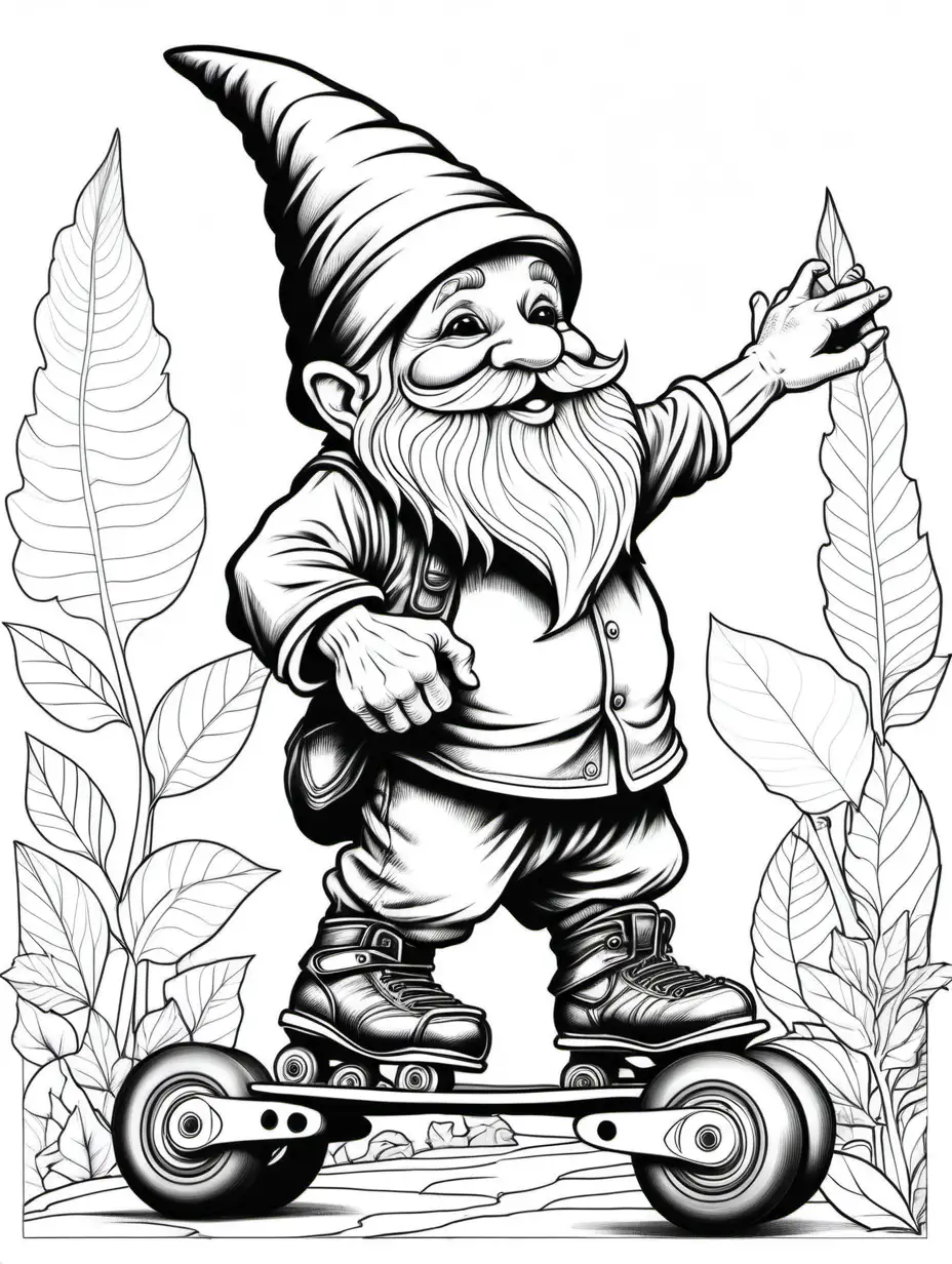 Gnome Rollerblading Coloring Page for Adults