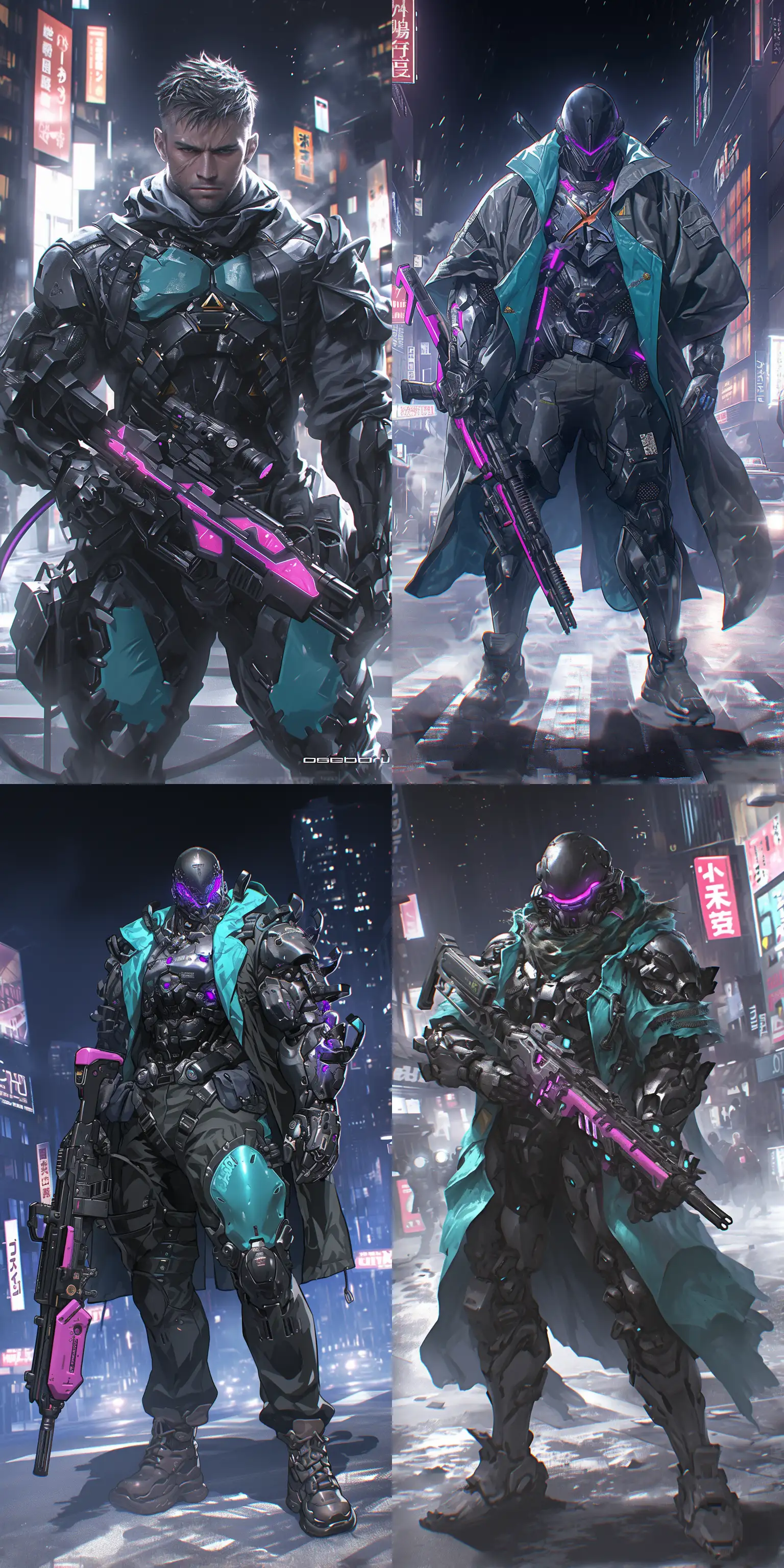 Futuristic-Armored-Man-in-Carbon-and-Turquoise-Armor-with-Submachine-Gun-in-Neo-Tokyo-City-at-Night