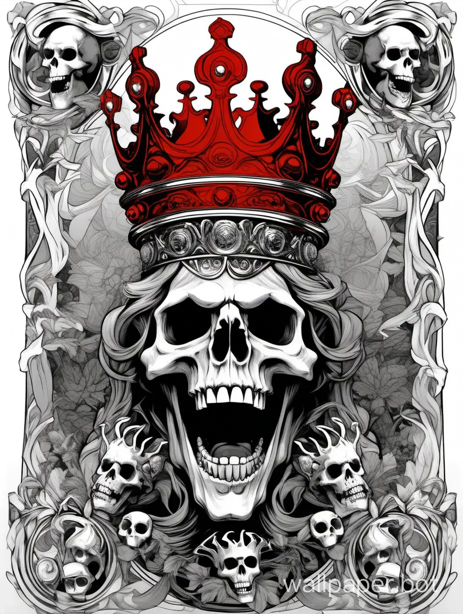 laugh skull wearing a ornamental red crown, very fluid, assimetrical, alphonse mucha, poster, hiperdetailed,  black,white, gray, red, hipercontrast