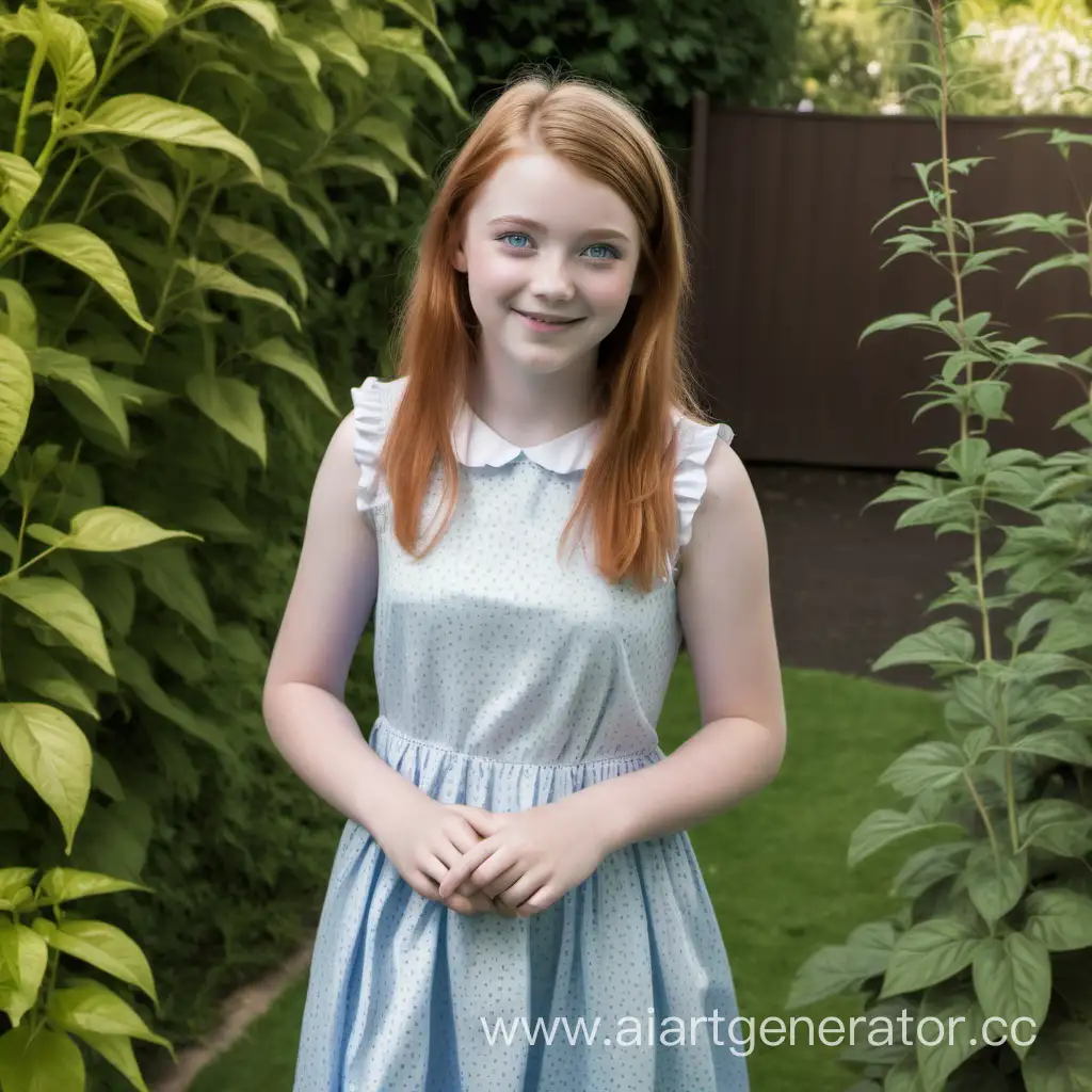 A young teenage girl a dress and g black shoes  with very light auburn hair and blue eyes and smiling and standing in a garden .