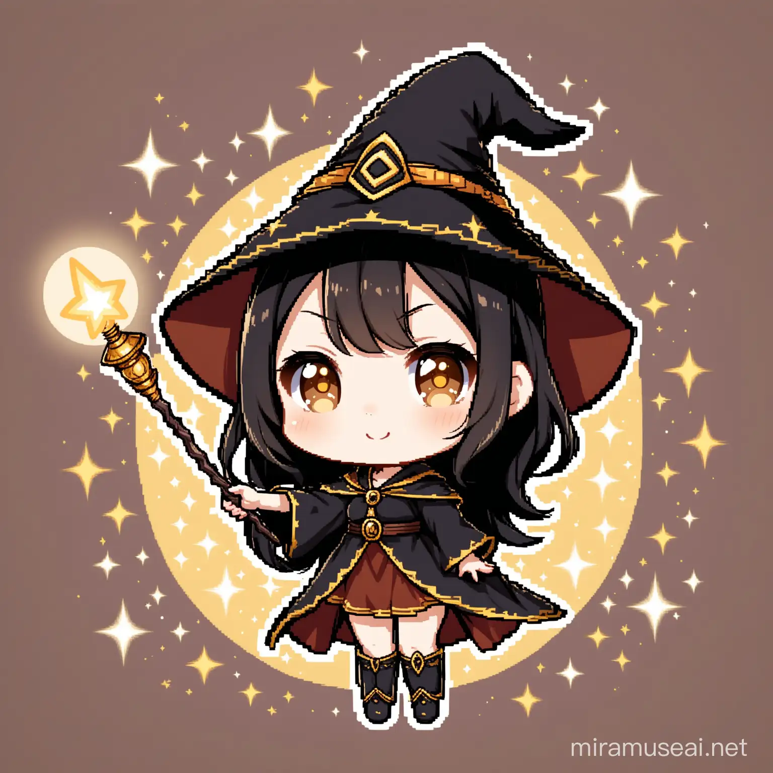 female child sorceress with brown eyes and black hair  waving a wand chibi style