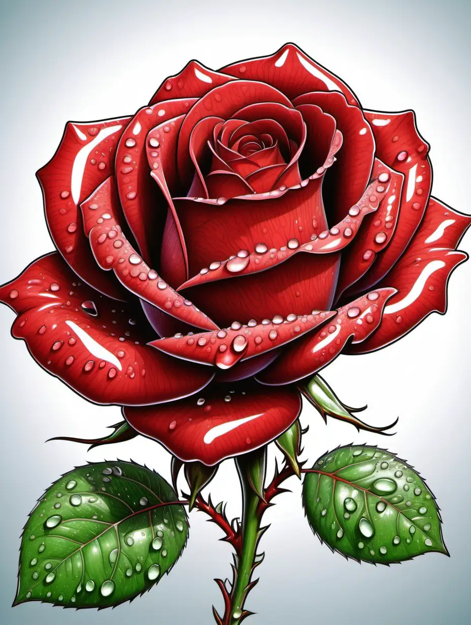 coloring book page, red rose with dew drop on petal, high detail