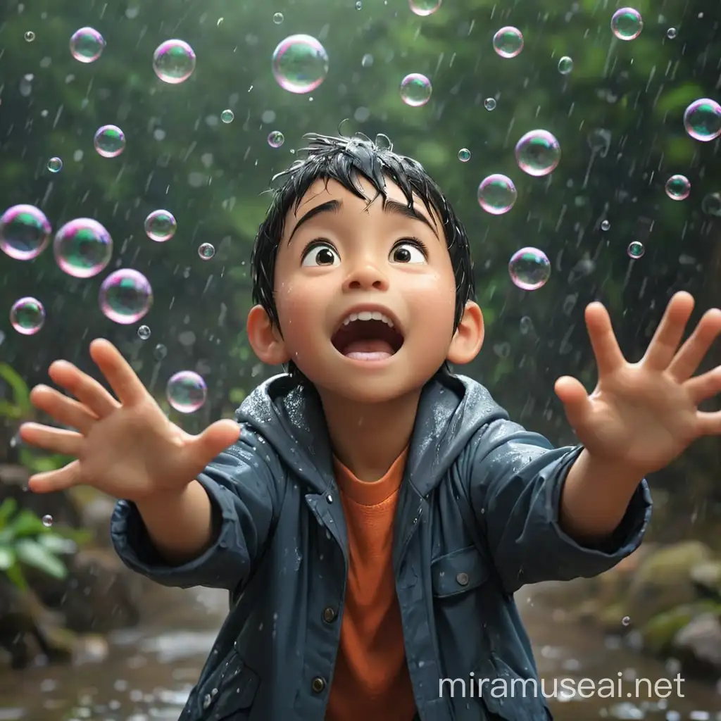 Joyful Children Playing with Colorful Bubbles in the Rain