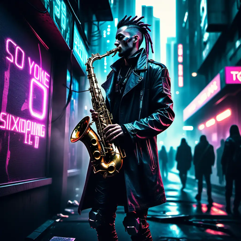 Cyberpunk themed picture, man in streets playing saxophone 