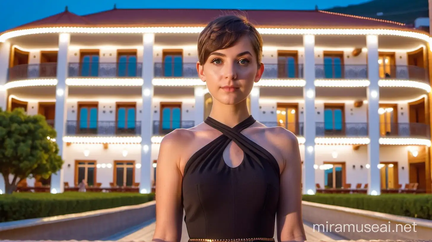 Evening Promenade Stylish Woman by Illuminated Hotel in Alushta