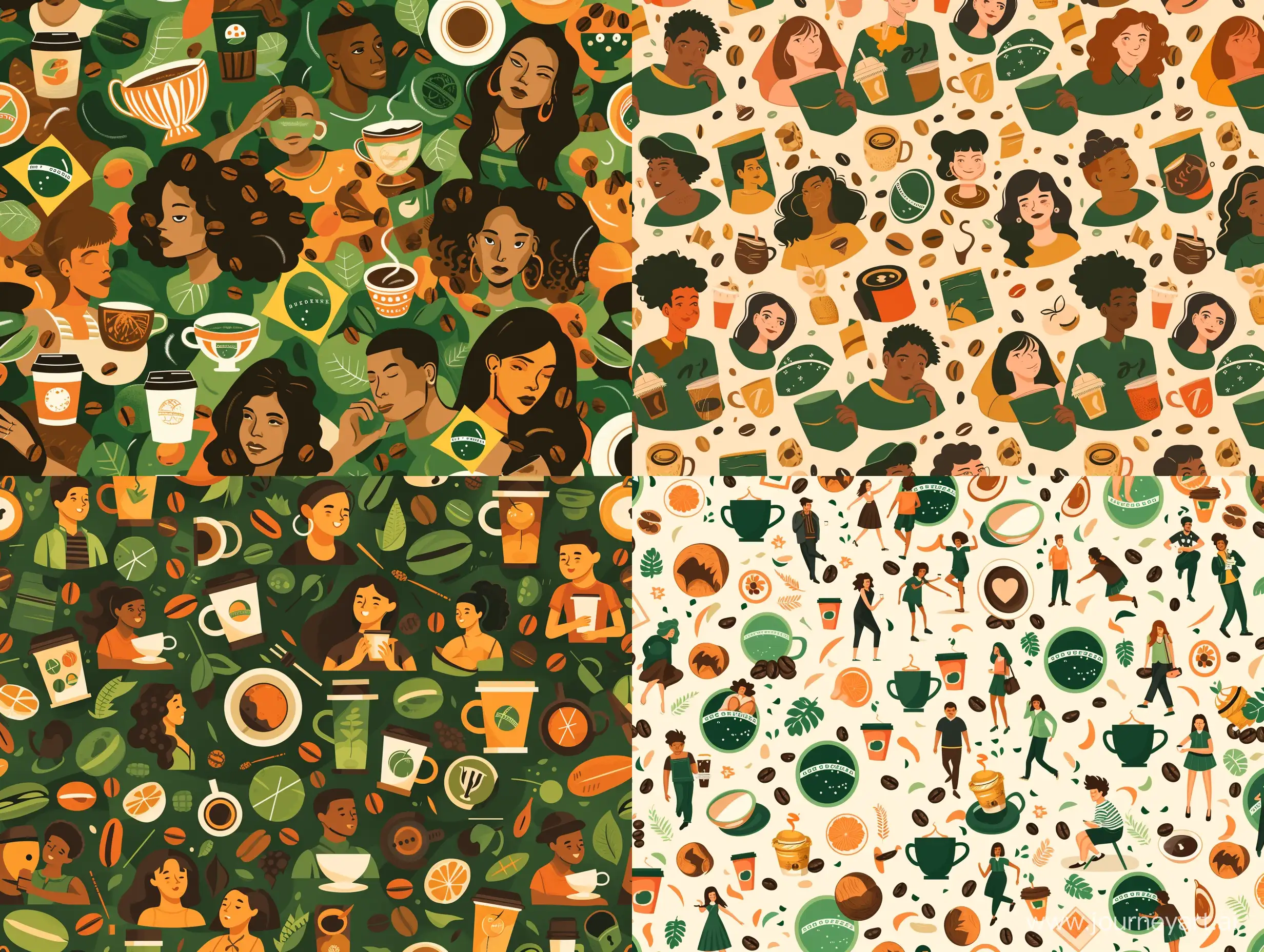Паттерн иллюстрация молодые люди пьют кофе в перемешку с символами Бразилии, чашками, зернами кофе в зеленых, темно-зеленых, коричневых и оранжевых цветах