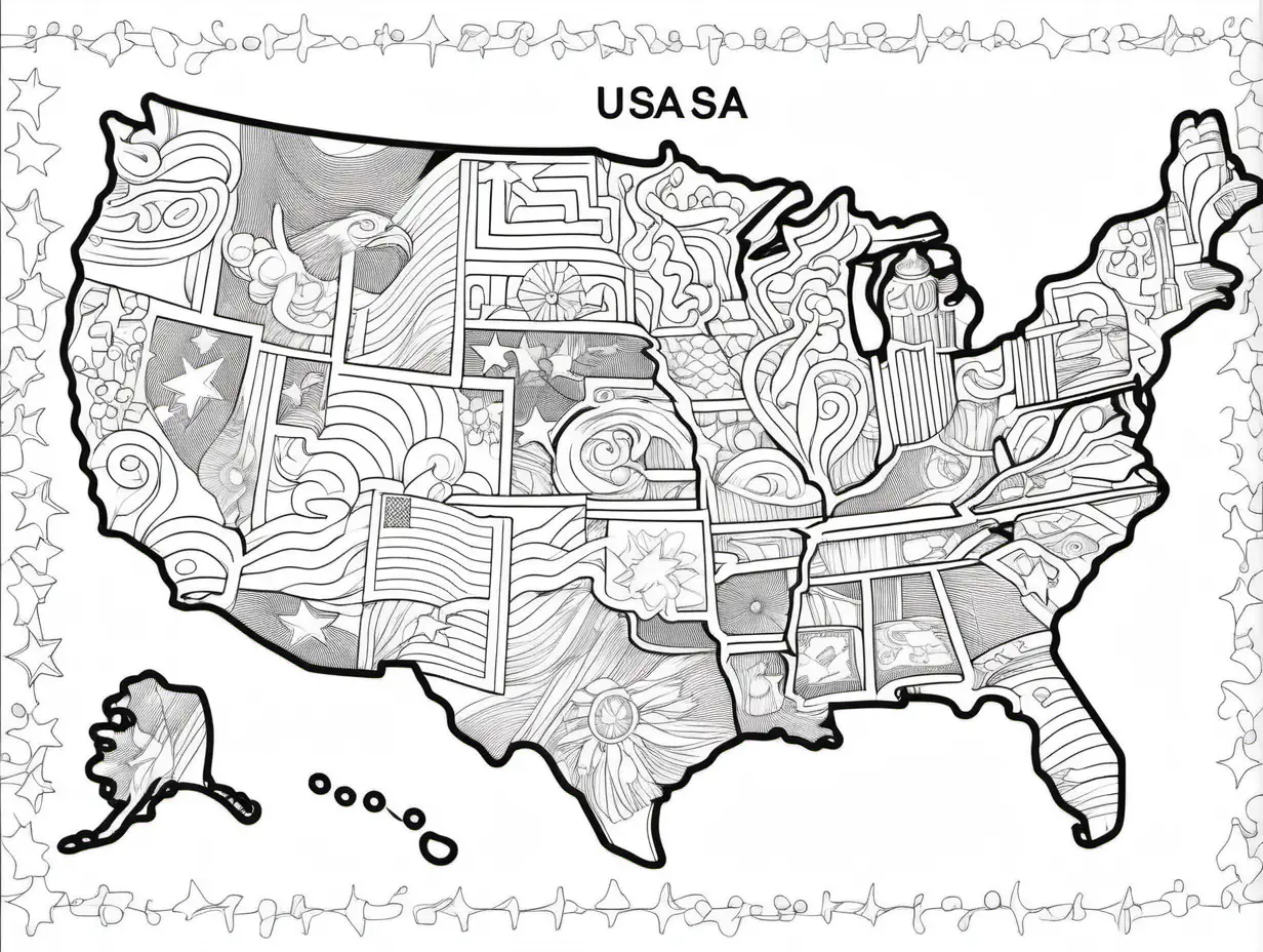 clean coloring page, line art, motifs in shape of USA map