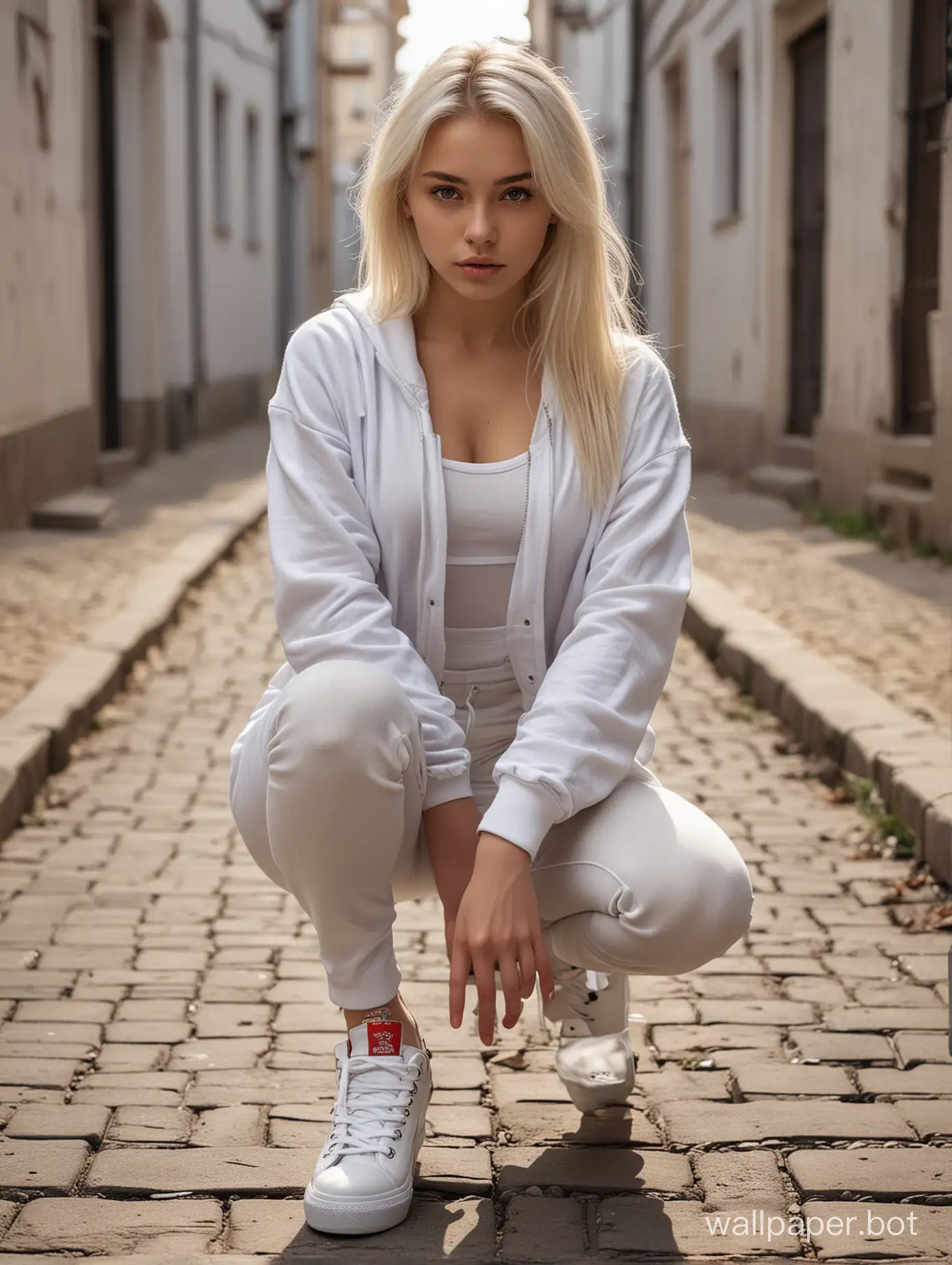 Photo of a beautiful 18 y.o. Russian model, full body, wide shot, detailed skin, perfect hips, perfect body, very detailed, 4K HQ, 8K HDR, High contrast, shadows, platinum blonde hair, squatting in street, white theme, full body view