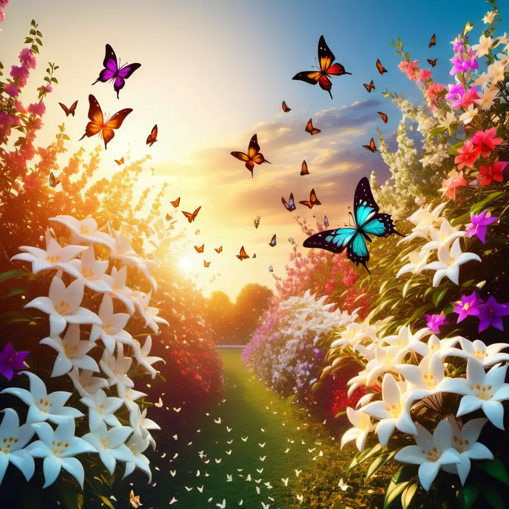 a beautiful lanscape of multicolor jasmine flower on a rising sun with flying butterfflies on a warm and shiny summer day