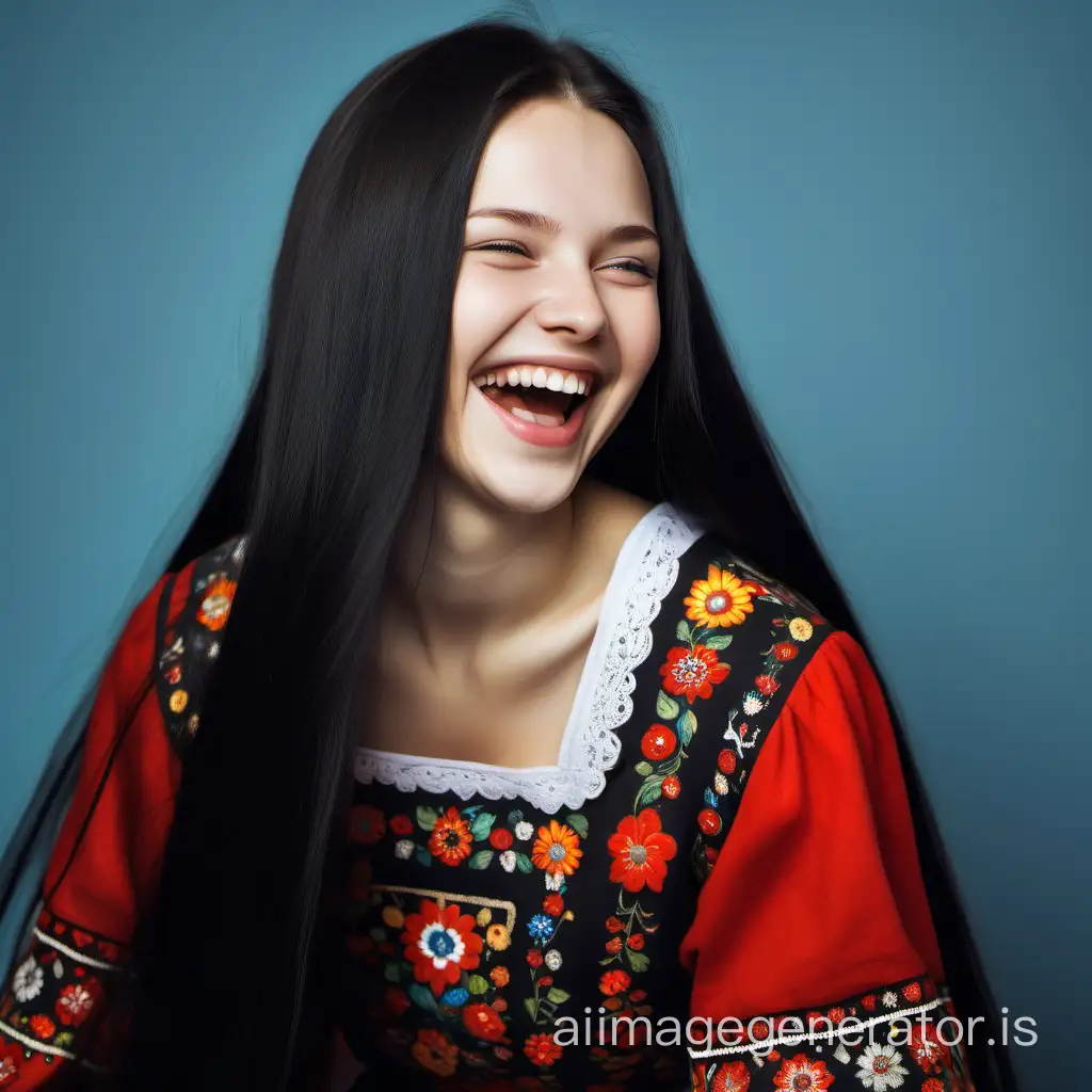 laughing Russian girl with long black hair in traditional Russian dress