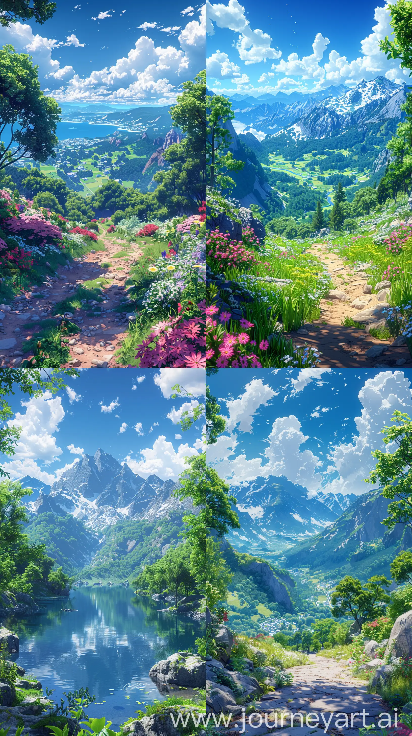 3D Beautiful scenary, a beautiful summer time, "verious nature scenaries ", nature tranquility, anime style different places with quite and calm view, beautiful sky, High quality, Day time, illustration ultra HD, high quality, sharp details, no blurry, no hyperrealistic --ar 9:16 --s 600