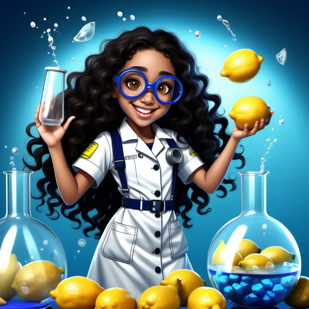 Mixed cute girl, 10yrs old, tan skin, big almond shaped light brown eyes, big long curly black hair, Puerto Rican nationally, long eye lashes, arched Eyebrows, happy, big smile,  science outfit , safety goggles, latex gloves, blue lab  background, lemons floating and sinking in glass vases, cartoon character 