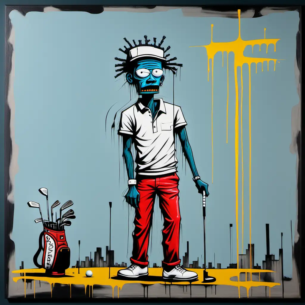 Peinture d'un golfeur style art moderne inspiré de jean Michel   basquiat et banksy
