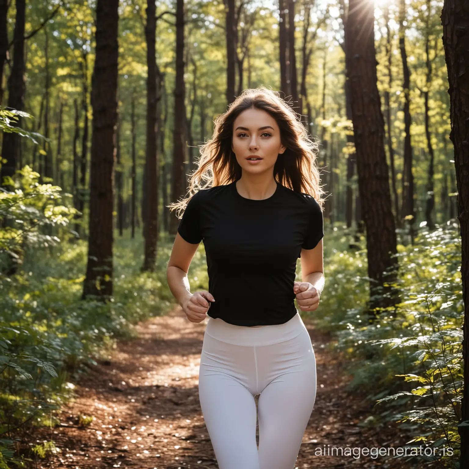 Gorgeous young brunette woman running in dark forest in white leggings and black t-shirt, sun shines through the leaves
