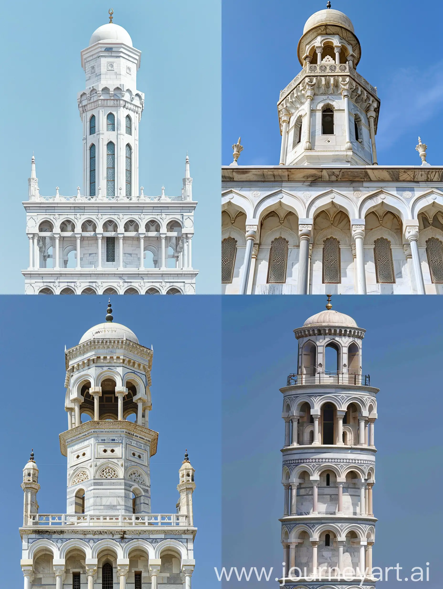 Mughal minaret influenced Leaning tower of Pisa, Mughal arches with mughal arched windows, Gurudwara dome at the top, White marbled
