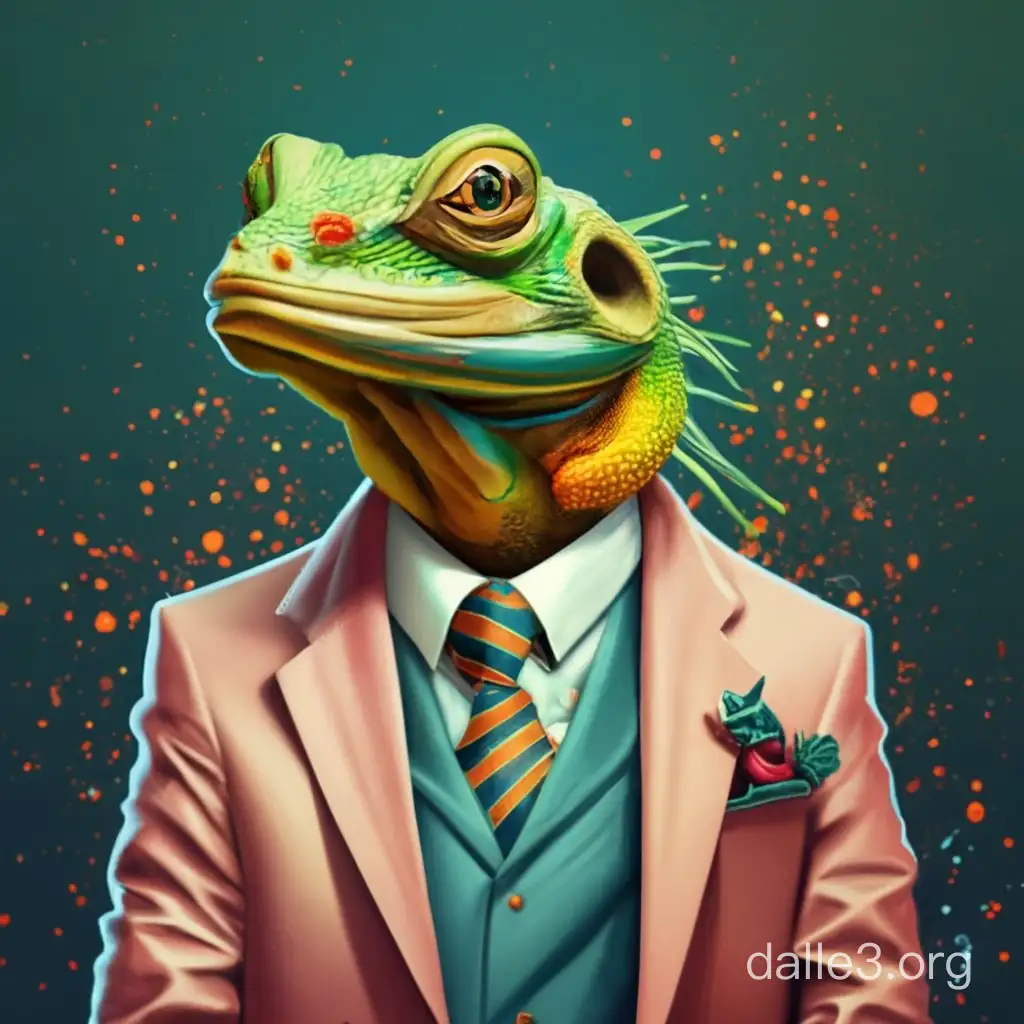 A slimy lizard wearing an expensive suit. (Hyper Realism style)