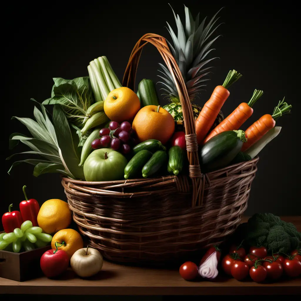 Vibrant Fruit and Vegetable Basket on Table Captured with Canon EOS 5D Mark IV