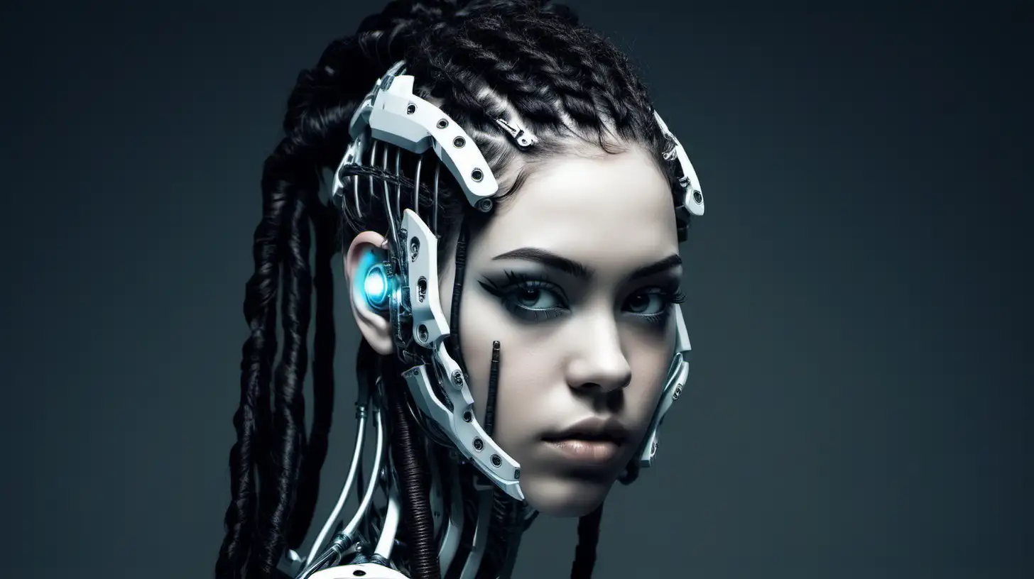 Cyborg woman, 18 years old. She has a cyborg face, but she is extremely beautiful.  Wild hair. Dark braids. White skin.
