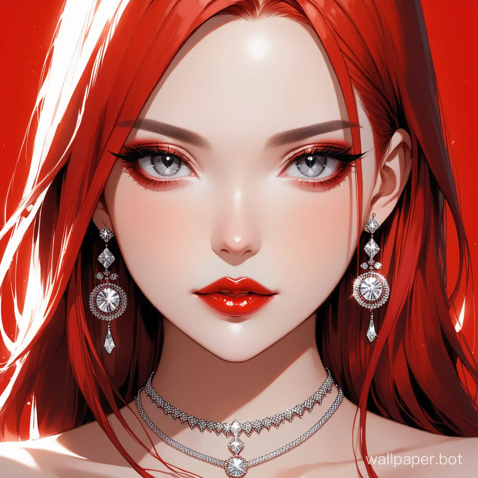 masterpiece,best quality, very aesthetic, absurdres, close-up portrait of 1 girl,solo,long hair,red hair,earrings,grey eyes,makeup,red lips,jewelry,necklace,looking at viewer,red background,