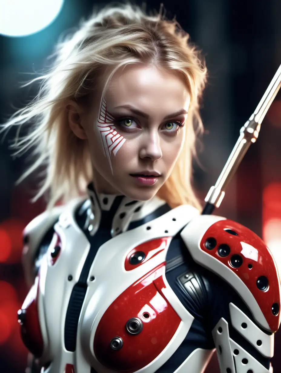 Beautiful Nordic woman, very attractive face, detailed eyes, slim body, dark eye shadow, messy blonde hair, wearing a red and white alien sci-fi cyber suit made from organic material, holding a spear, close up, bokeh background, soft light on face, rim lighting, facing away from camera, looking back over her shoulder, photorealistic, very high detail, extra wide photo, full body photo, aerial photo