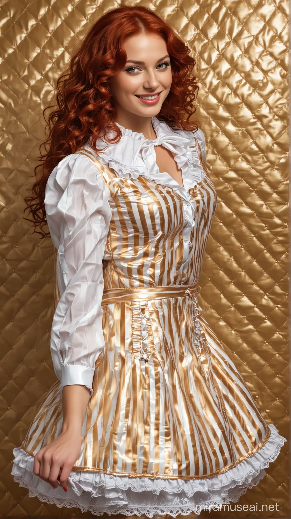 Realistic colorful scene of women big ample breasts beautiful perfect face delightful smile, strong makeup long curly red hair all dressed in shiny wet satin blouses white and transparent stripes with stiffened rounded collar, full body pose, french maid on dark eather quilted gold wall background
