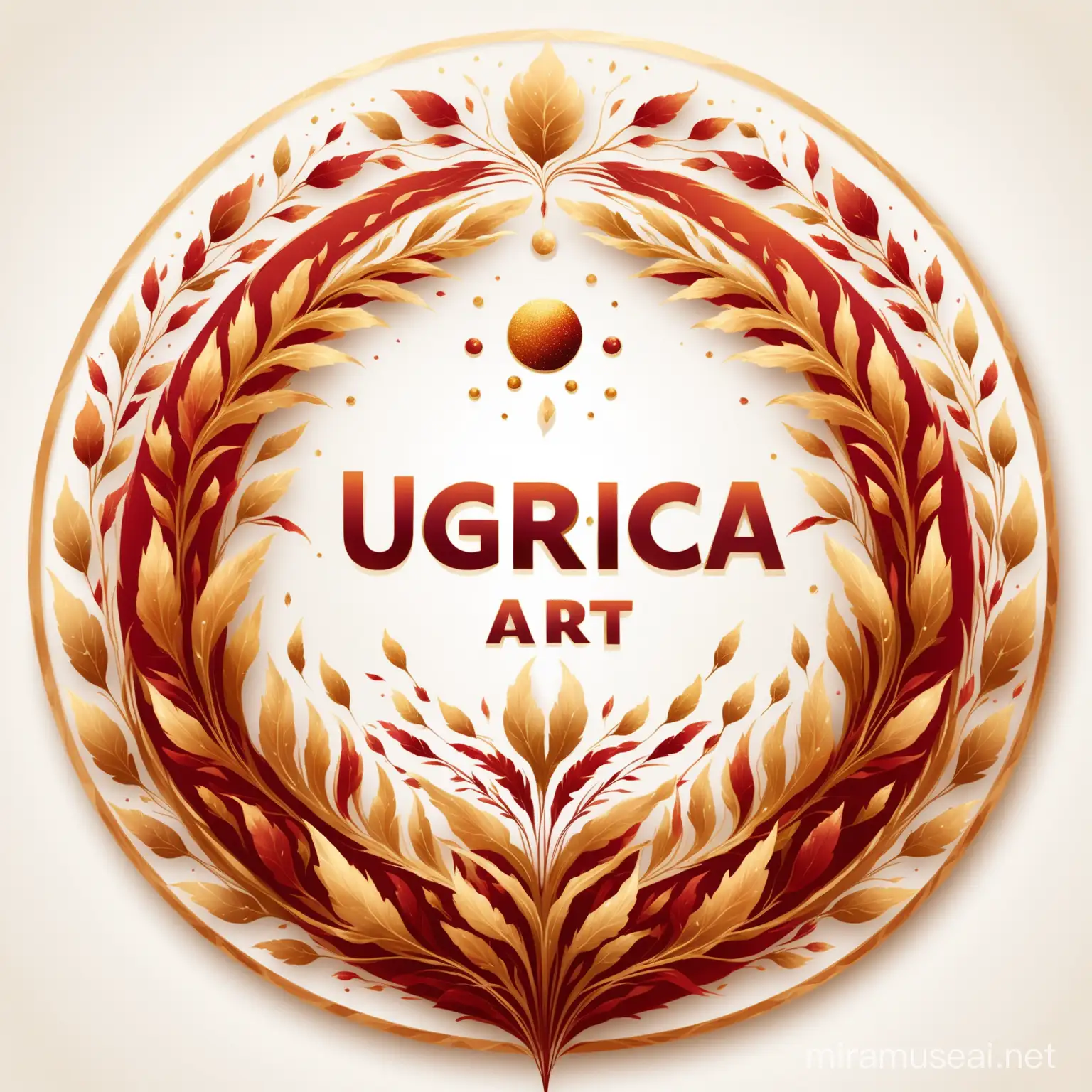 Create a circular logo with the inscription UGRICA ART. It uses raised red and gold letters on a white background. Use some surreal motif from nature.