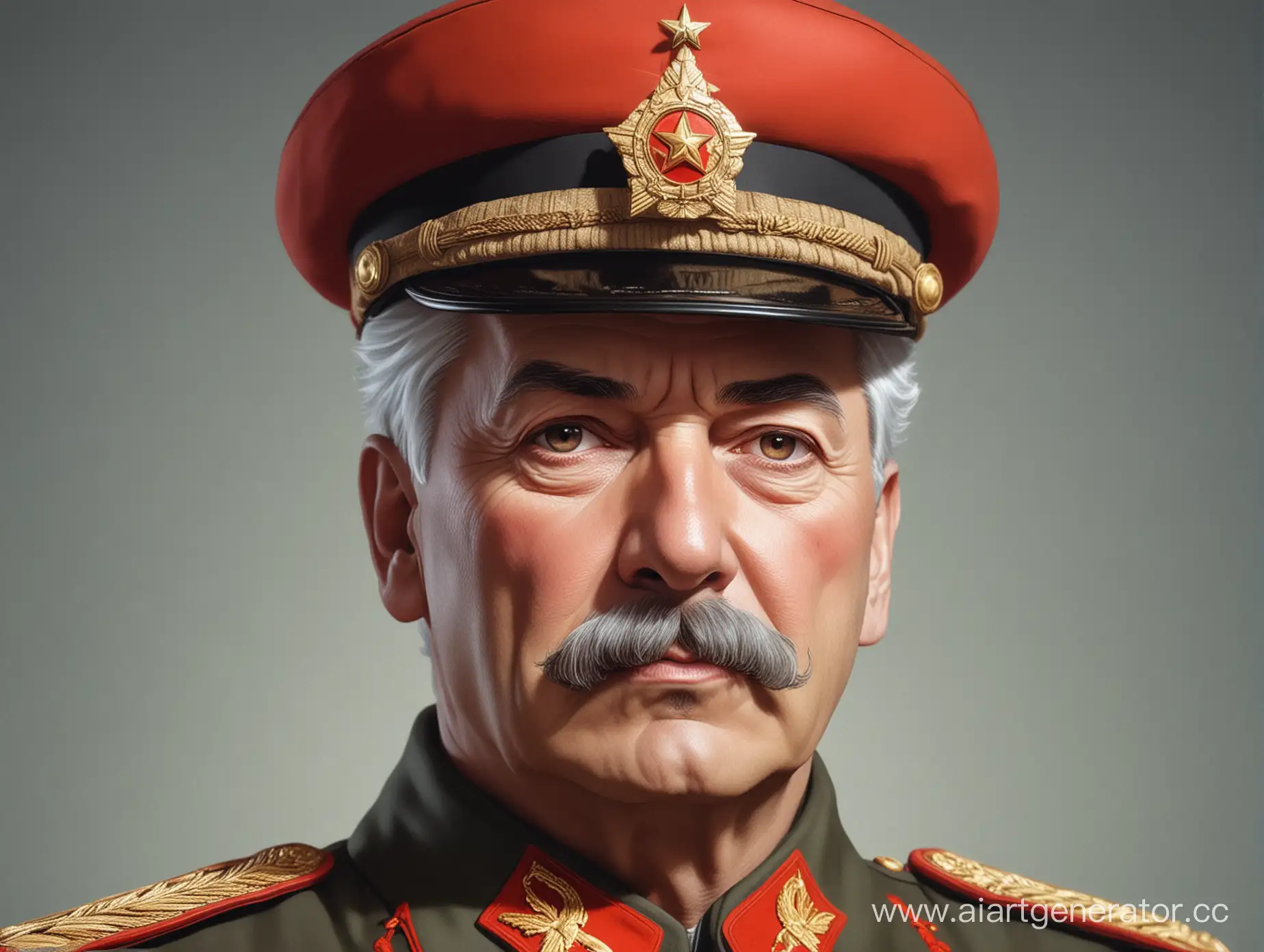 Величественный Сталин, с белыми волосами на голове, левый глаз красный, в аниме стиле