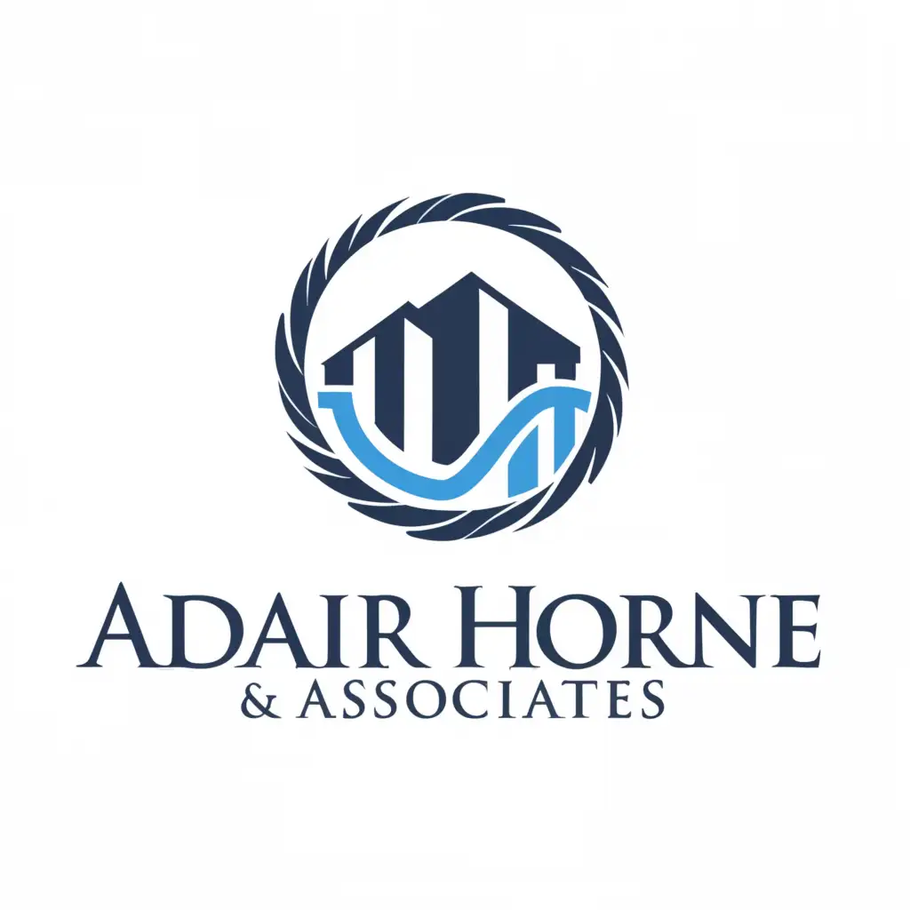 a logo design,with the text "Adair Horne & Associates", main symbol:Iconography: Emphasize symbols of a house and an office building to represent residential and commercial properties, respectively. These symbols should be the focal point of the logo, indicating the core focus of your services. Surround them with elements suggesting protection and support, such as a circle, to convey security and assurance.

Typography: Choose a clean, modern font for the company name, conveying professionalism and reliability. Consider using bold or italicized lettering for emphasis.

Color Scheme: Opt for a color palette that exudes trust and stability. Deep blues or greens for the symbols can signify reliability, while accents of orange or red add a sense of urgency and action, particularly relevant in disaster response.

Layout and Composition: Ensure the elements are balanced and cohesive, with the iconography integrated seamlessly with the typography. Experiment with different arrangements to find the most visually appealing composition.
,Moderate,clear background