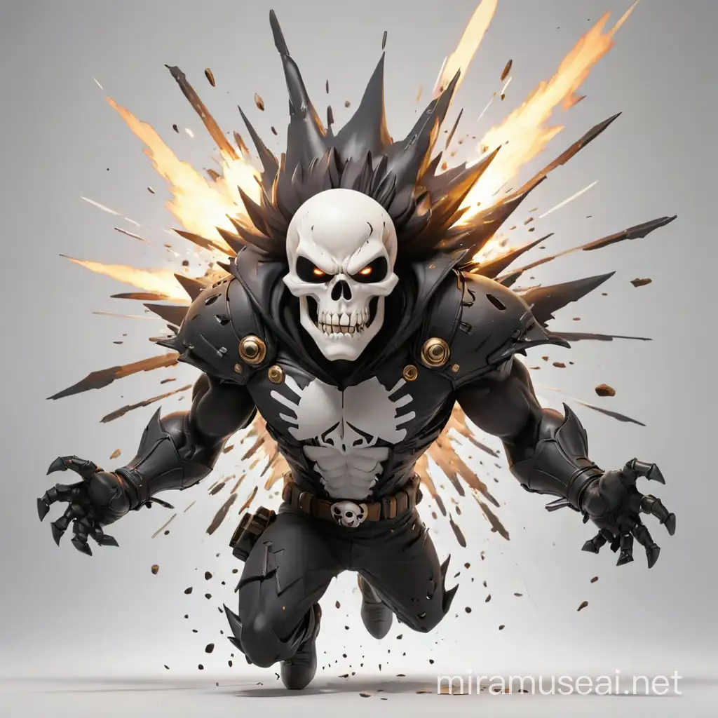 skull character with explosion in the background, in the style of Greg Capullo, in the style of Todd McFarlane, American comics style, in the style of Spawn, white background