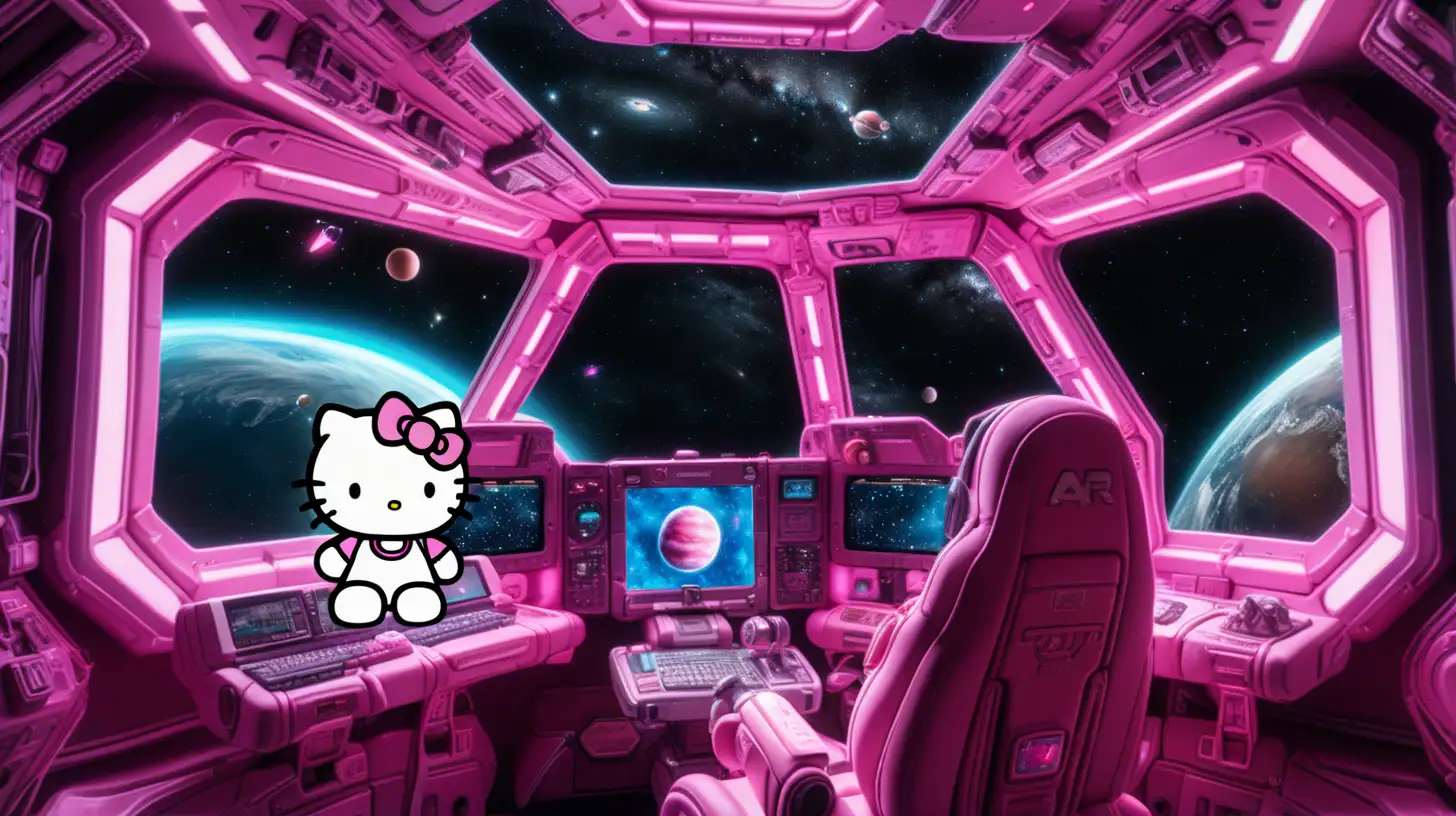A fluffy pink Spacecraft, fluffy neon cockpit in deep space, computer screen, hello kitty,  you can see stars, planets, from skylight, hyper realistic, masterpiece, details accentuated with a macro lens, revealing the texture and color nuances --ar 16:9 --style raw --v 6.0 