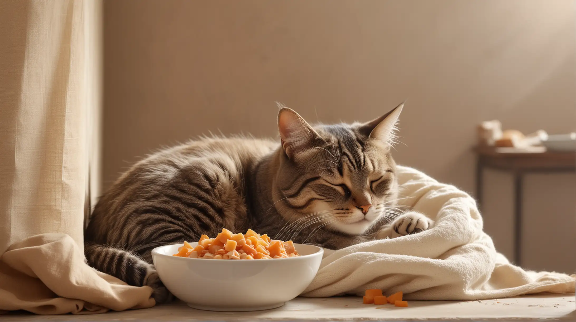 A real photo of a relaxed cat in complete harmony, lazily sleeping in a place of his choice. Next to it, a bowl of food, symbolizing access to life's free pleasures. In the background, a delicate haze of love that the cat gains effortlessly, adding light humor to the scene.