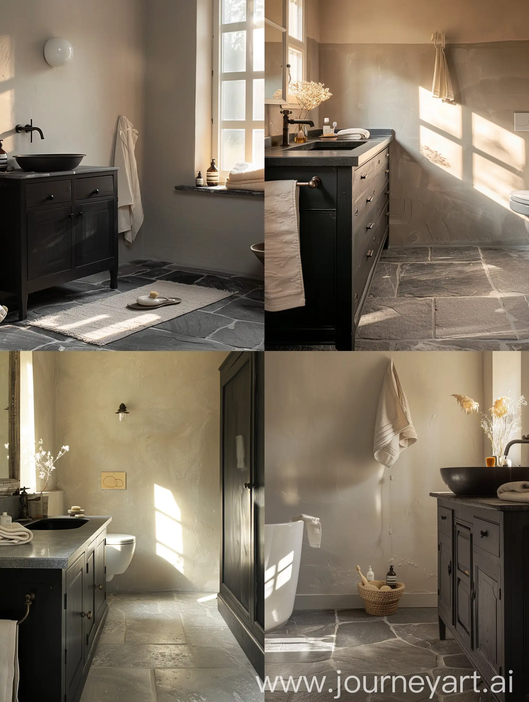 bagno con mobiletto del lavandino nero, pavimento gres grigio, decorazioni crema,vista laterale luce calda del mattino