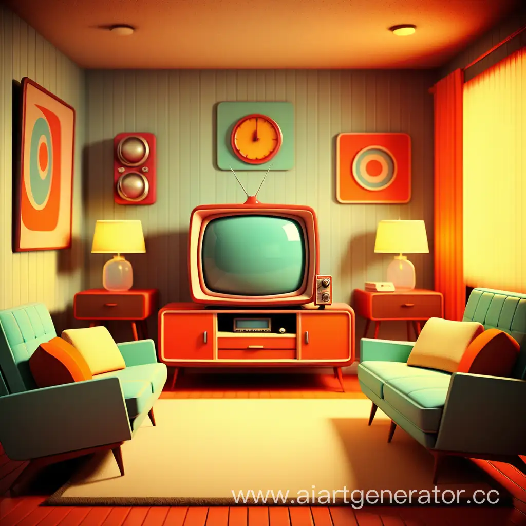 retro tv room stylized