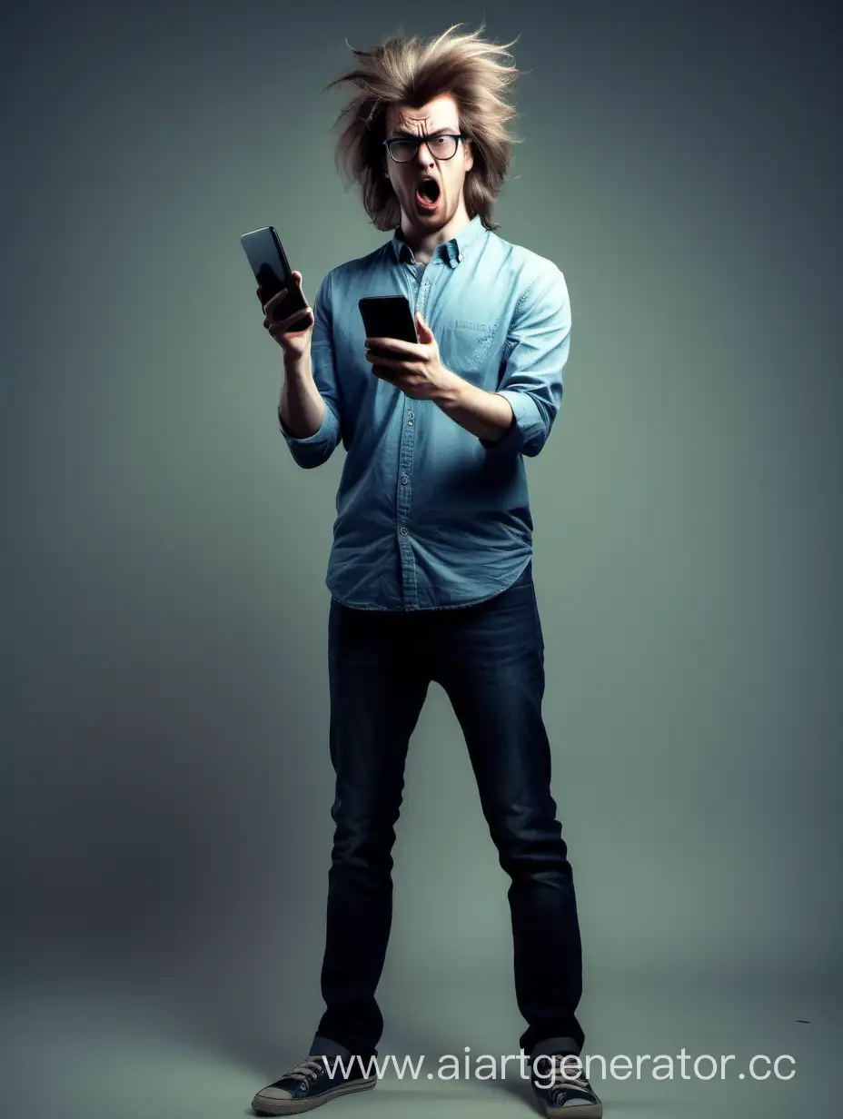 Z18. Guy with hair. In glasses. With a phone. Phone. Avoids people. Tall. Stands in a strange pose. Angry
