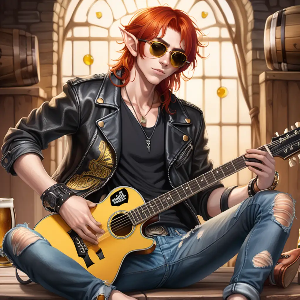 Half elf, Red Hair, Yellow eyes, short height, medium sized chest, long legs, full body, wearing a long ripped jeans, black shirt, leather jacket, sunglasses, beer, sitting with a guitar
