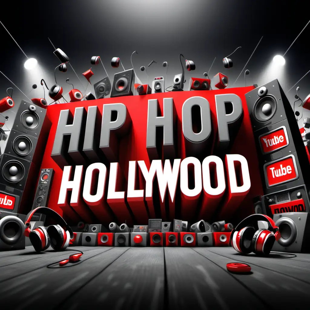 image that’s at least 2048 x 1152 pixels and 6MB create a YouTube News banner that reads "Hip Hop, Hollywood" 3d cartoon quality black  red and grey shades featuring the text "Hip Hop Hollywood" set against the back drop of YouTube  theme burst of boom boxess,headphones speakers