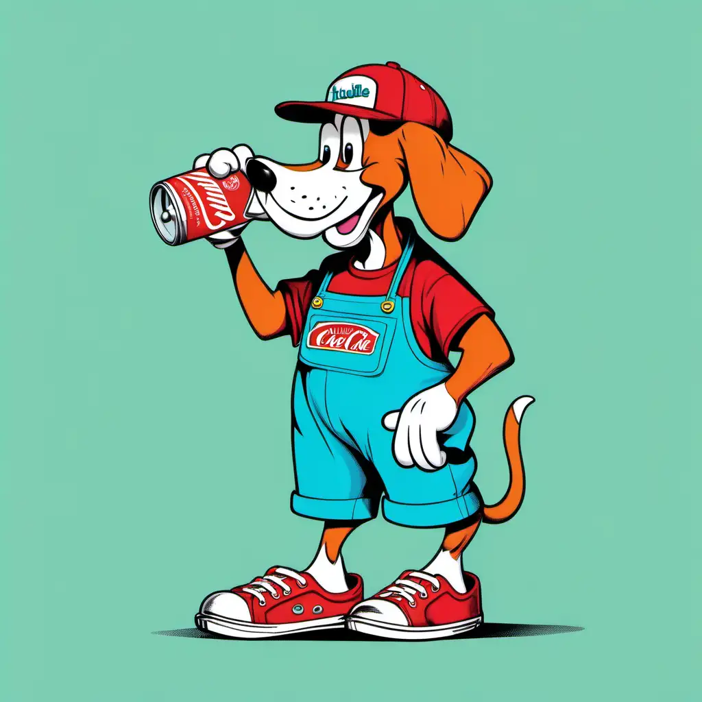 full body, wearing a ball cap, drinking a can of coke soda, funny big dog cartoon character. (((huckle berry hound in red sneakers)))