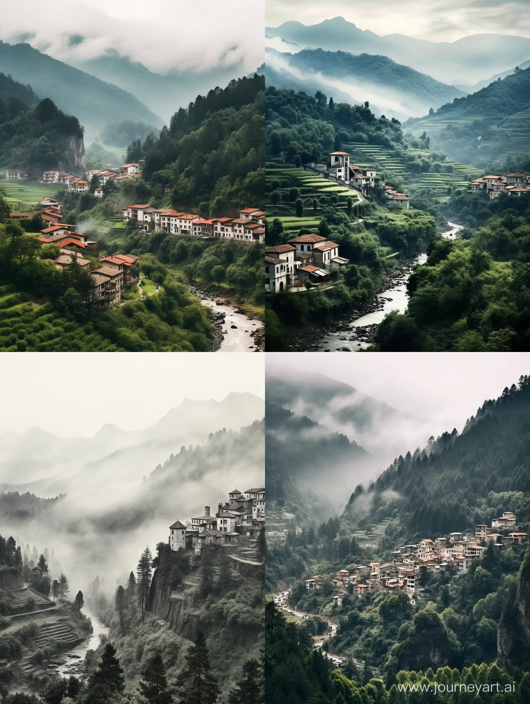 An image of an Italian village, retro, vintage, nostalgic, mobile wallpaper, 4k, realistic, photorealistic, gray and white aesthetic, detailed, forest, mountains, seen from afar