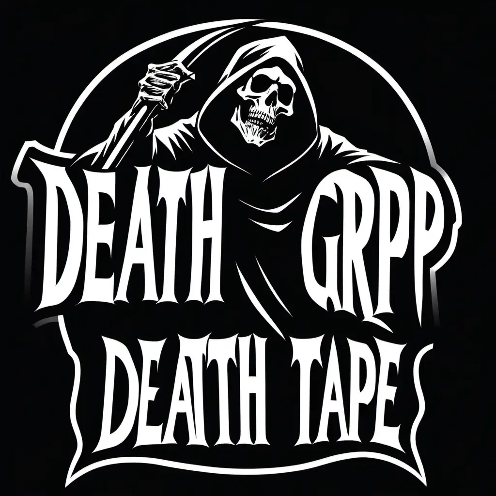 Black and white Stencil of the grim reaper holding a sign that reads Death Grip tape, logo, in the style of Jim Phillips, minimalist, simplicity, vector art, isolated on black background -v 5
