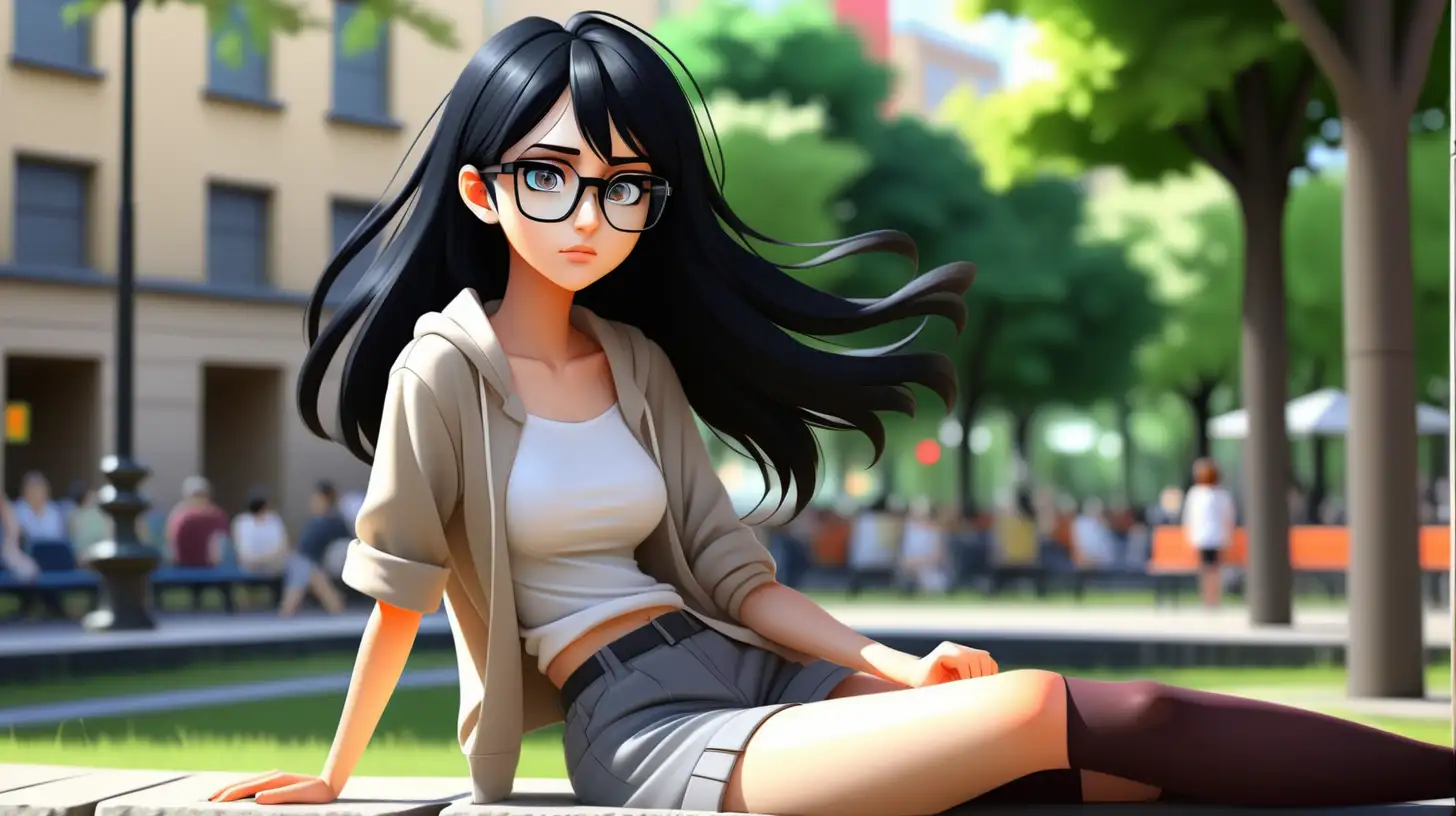 a beautiful anime girl is relaxing sitting in the city park, black hair, modern clothes, wearing glasses, natural eyes, lively eyes, hd, hyper realistic,