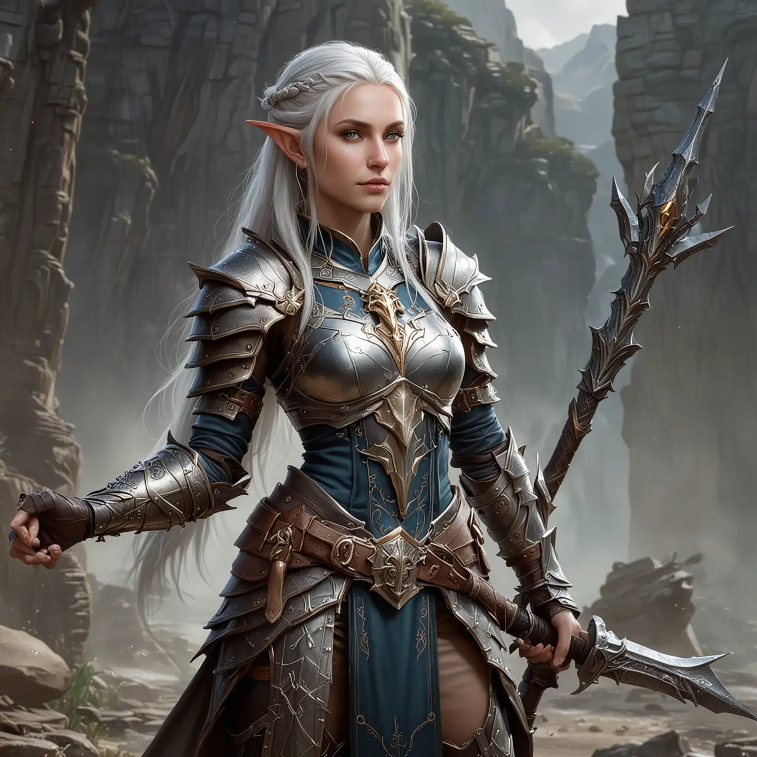 Sister Gariel the high elf from Lost Mines of Phandalin wearing armor with a dragon emblem on it.
