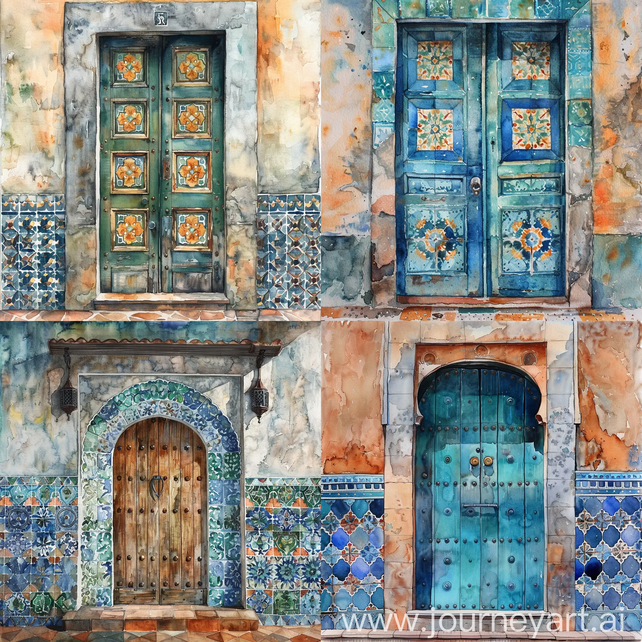 Watercolor-Painting-of-Colorful-Doors-and-Tiles
