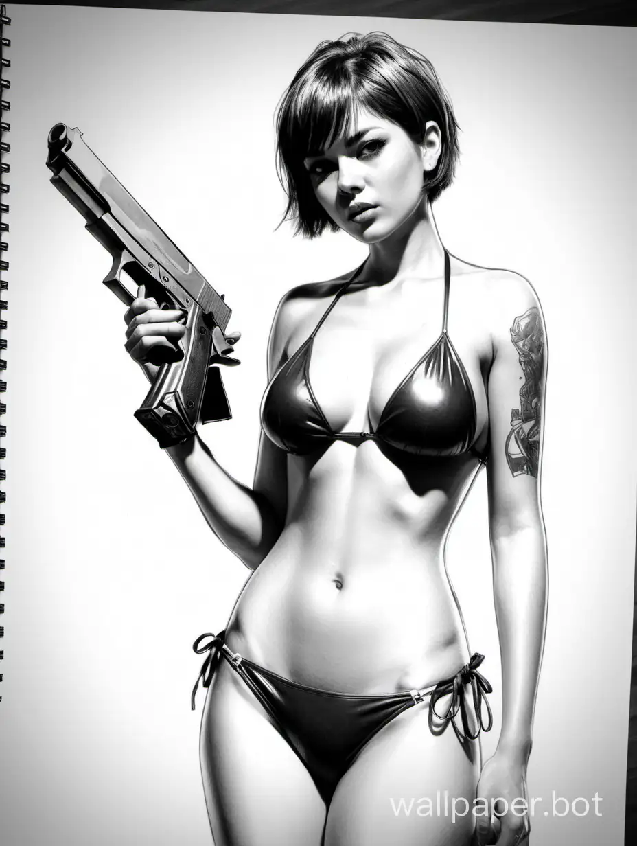 girl, hired killer, gun, short haircut, bikini, black and white sketch