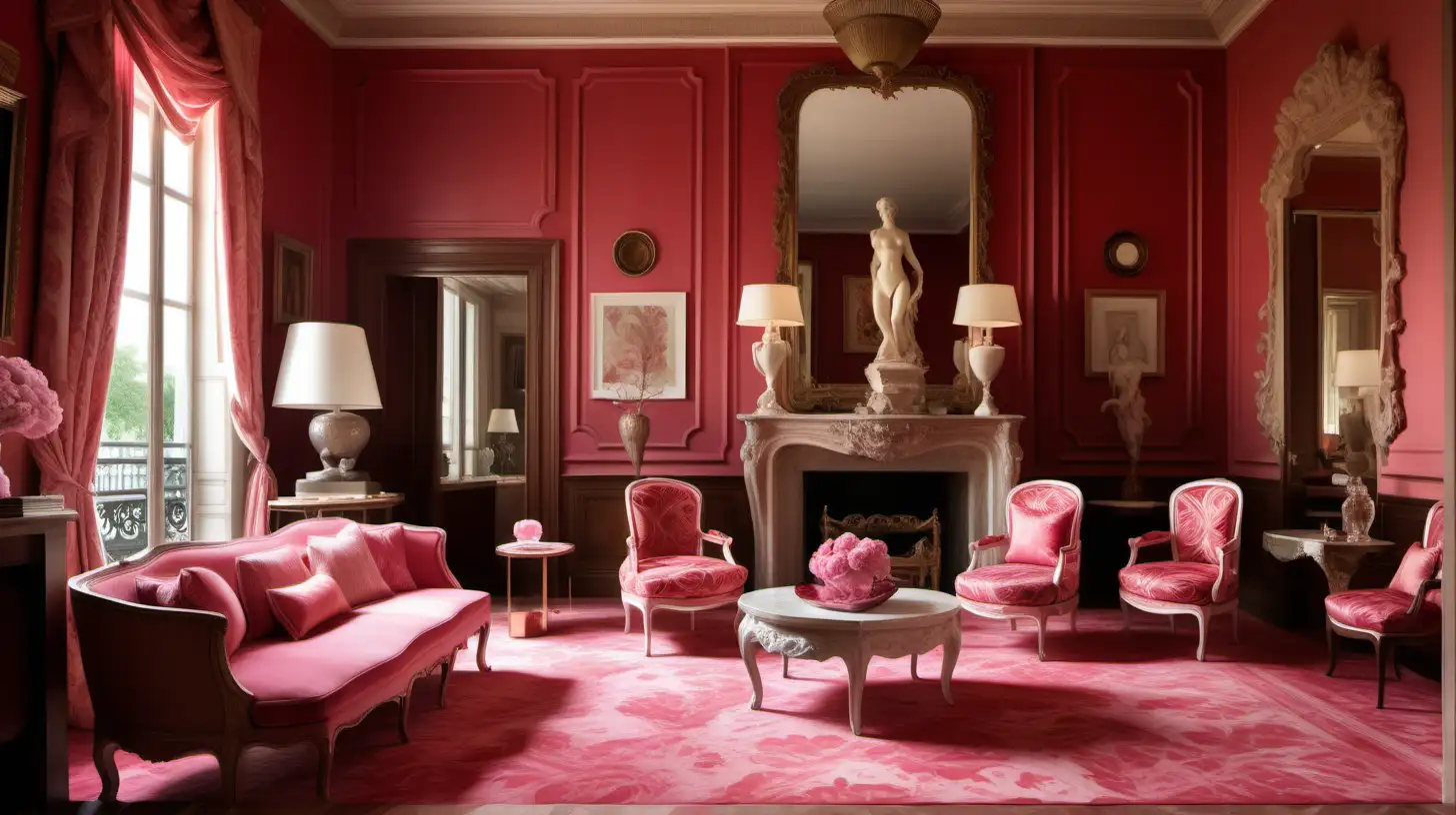 the living room of a luxurious mansion in paris, in the style of pink and crimson, mediterranean-inspired, layered textures and patterns, fernando amorsolo, grisaille, reflections and mirroring, witty vignettes