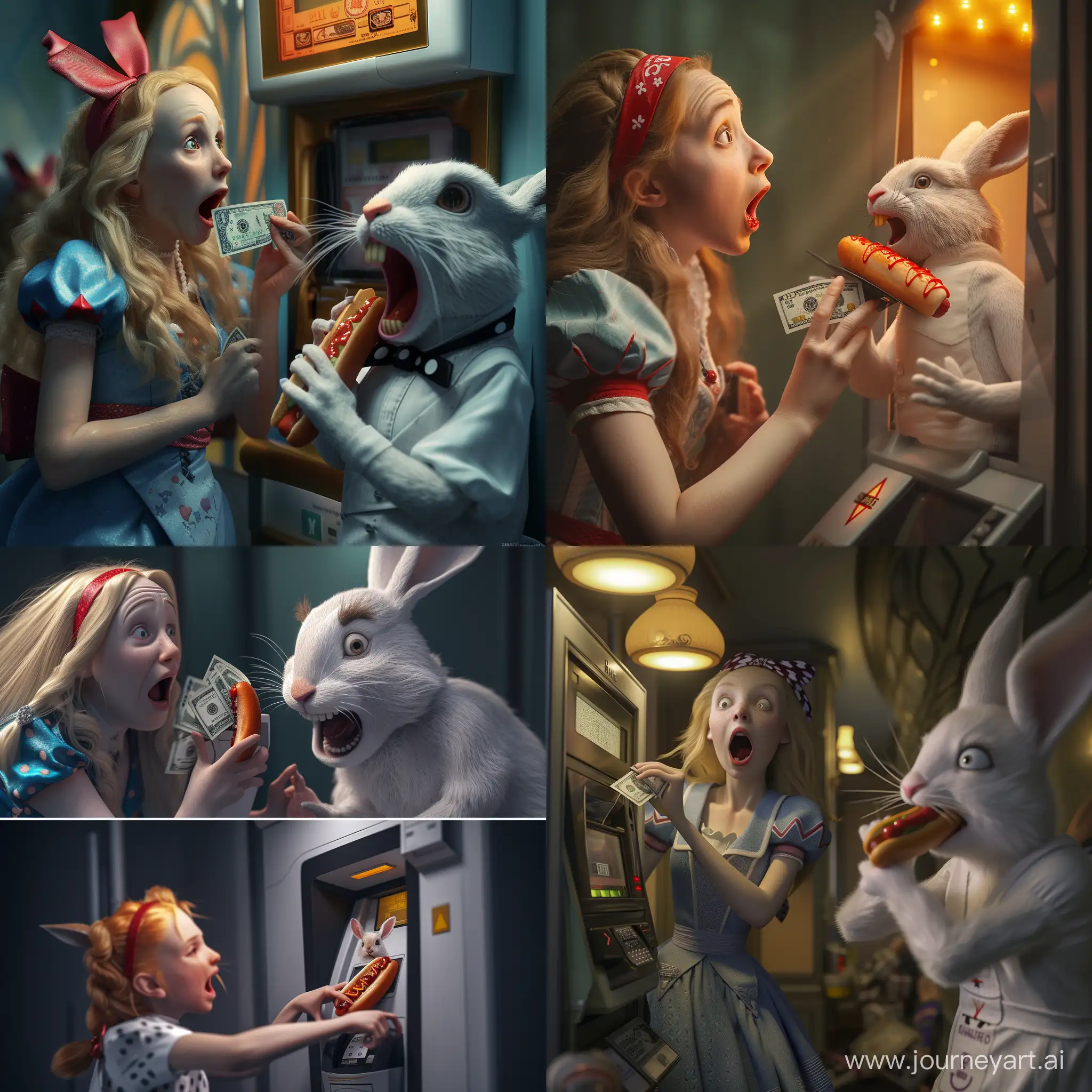 Realistic photo, top left view, secure camera style, Alice in wonderland is taking money from the ATM while she is surprised looking into the camera, close to her add the White Rabbit indulging in a hot dog while the rabbit is screaming because he got ketchup on his white shirt, photorealism, cinematic lighting, 8k